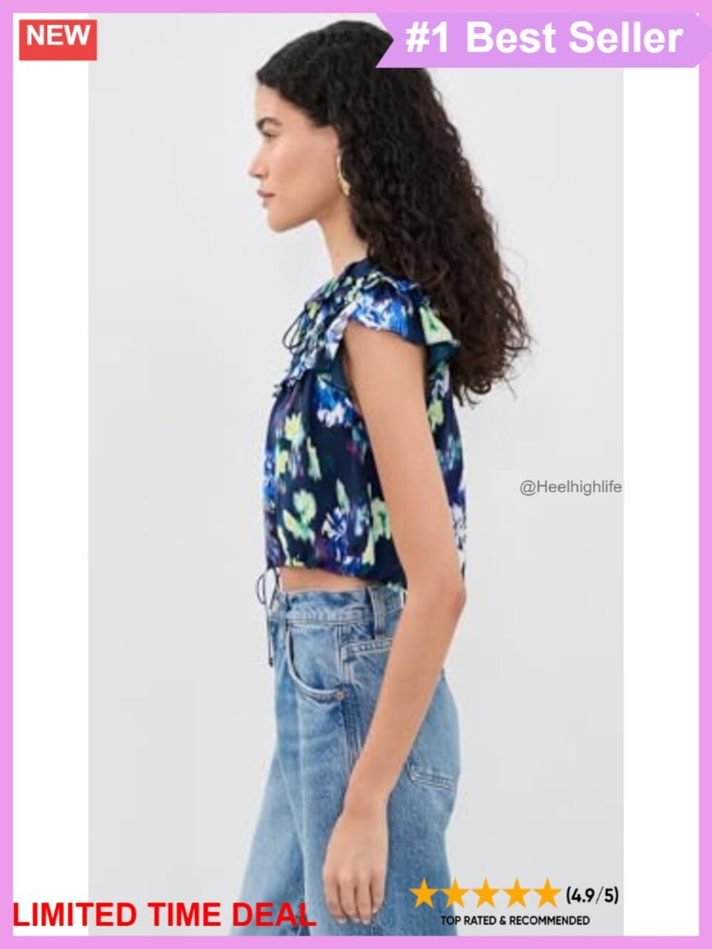 Silk Charmeuse Floral Ruffle Gathered Blouse Drawstring Short Flutter Sleeve - Picture 4 of 5